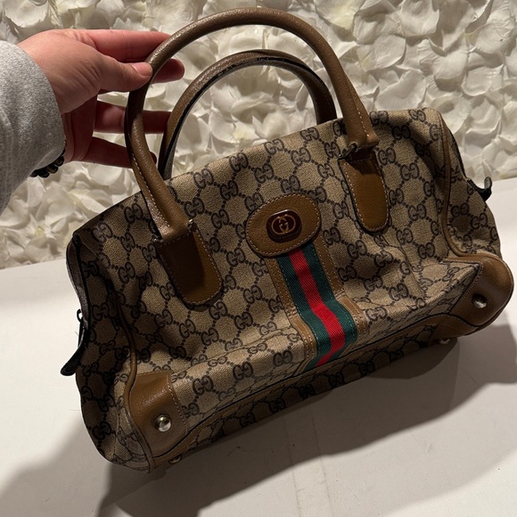 Gucci Vintage Tan and Brown Satchel with Signature Stripe - Picture 2 of 7